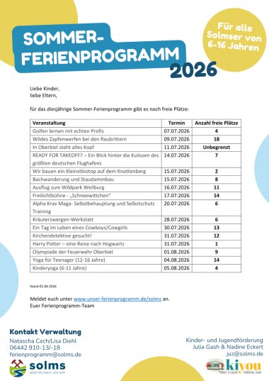 Flyer Ferienprogramm 2026 - Flyer Rückseite Sommerferienprogramm 2026